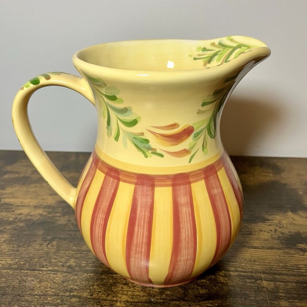 Gail Pittman Siena Stripes Ferns Pitcher 48oz Cottage Pottery 8” EUC